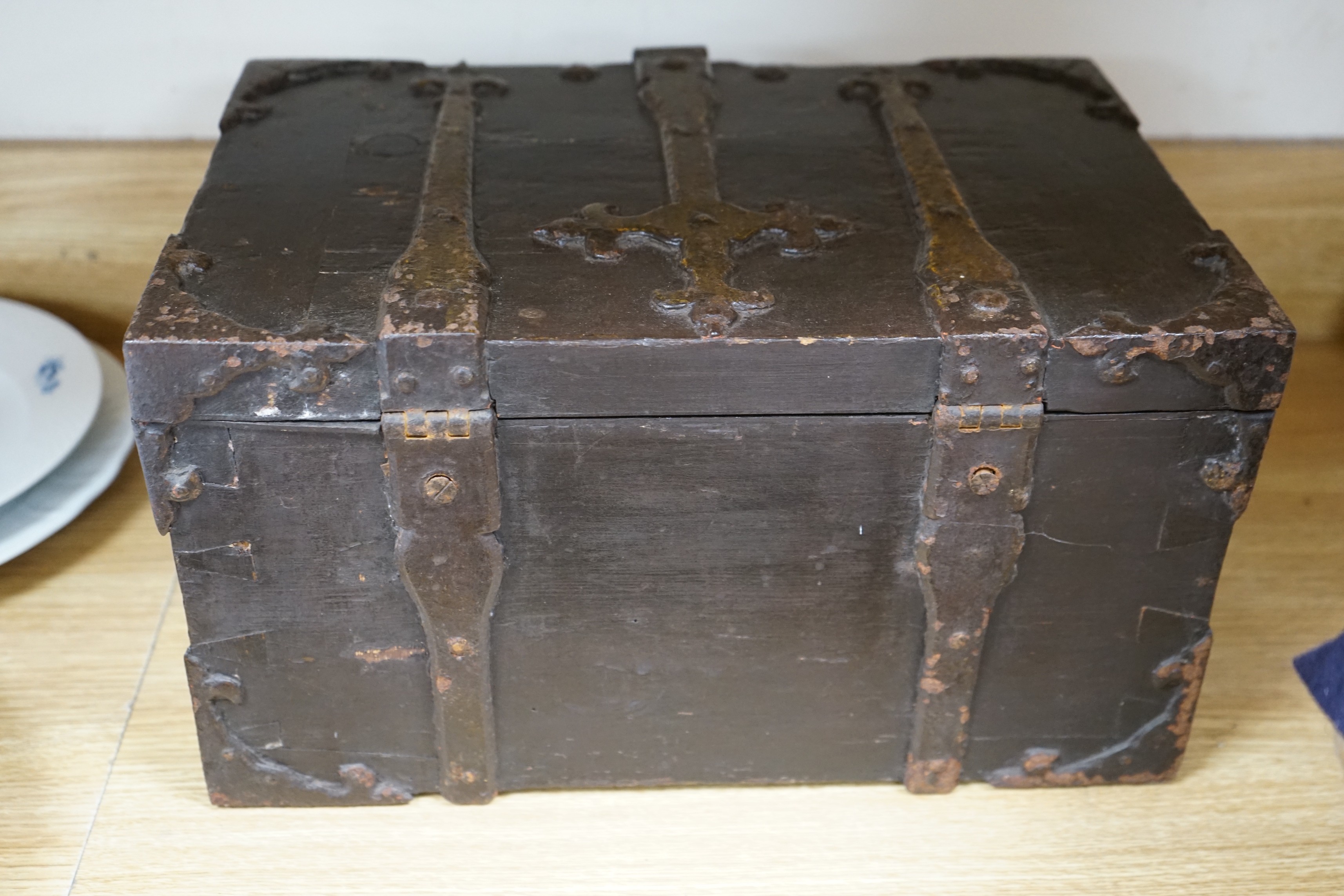 A French Louis XIV “Coffer Fort” kingwood and ironbound strong box, c.1700, 39 cms wide x 22 cms high